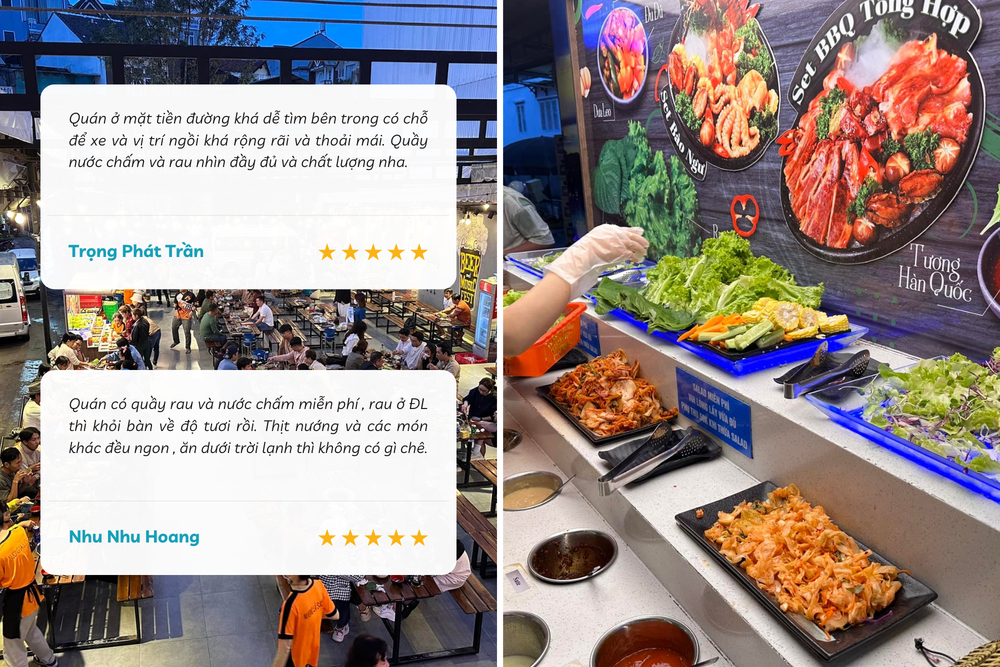 Nậm nướng c&oacute; kh&ocirc;ng gian rộng r&atilde;i, chỗ giữ xe thoải m&aacute;i, nh&acirc;n vi&ecirc;n phục vụ tận t&igrave;nh v&agrave; đặc biệt l&agrave; quầy rau sống miễn ph&iacute;